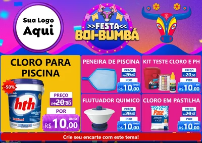 Modelo de Encarte para Encarte A4 Horizontal com o tema Festa Boi-Bumbá para Produtos para Piscina