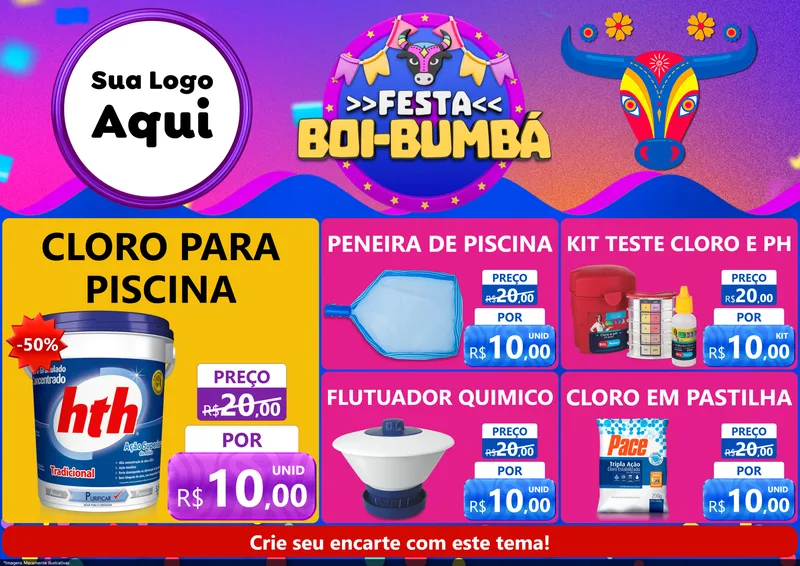 Modelo de Encarte para Encarte A4 Horizontal com o tema Festa Boi-Bumbá para Produtos para Piscina
