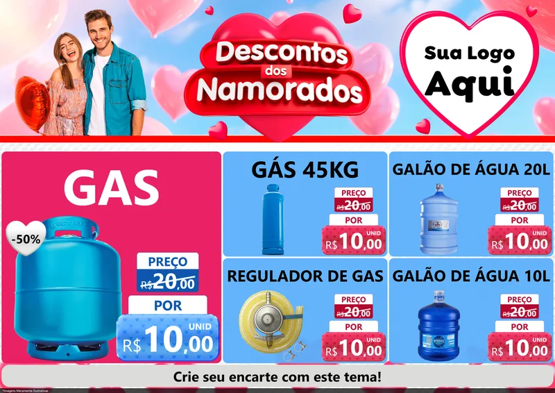 Modelo de Encarte para Encarte A4 Horizontal com o tema Descontos dos Namorados para Água e gás