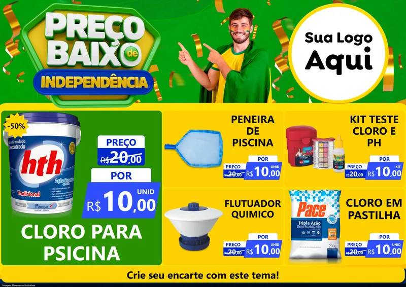 Modelo de Encarte para Encarte A4 Horizontal com o tema Preço Baixo de Independência para Produtos para Piscina