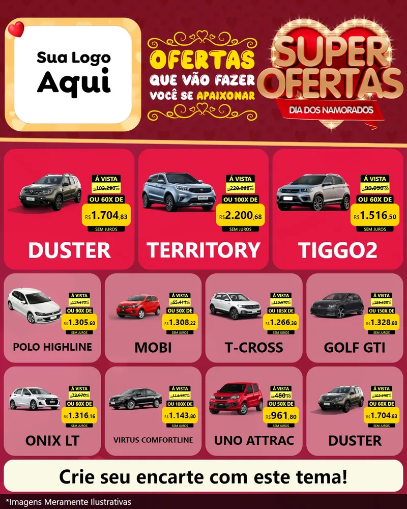 Modelo de Rede Social para Feed Instagram com o tema Dia dos Namorados para Concessionaria de Carros