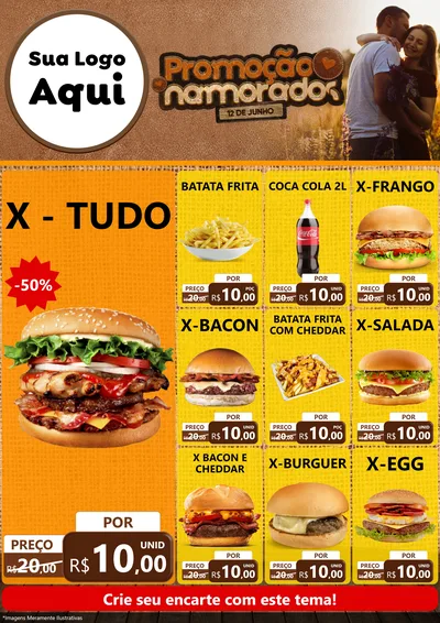 Modelo de Encarte para Encarte A4 Vertical com o tema Promoção Namorados para Hamburgueria