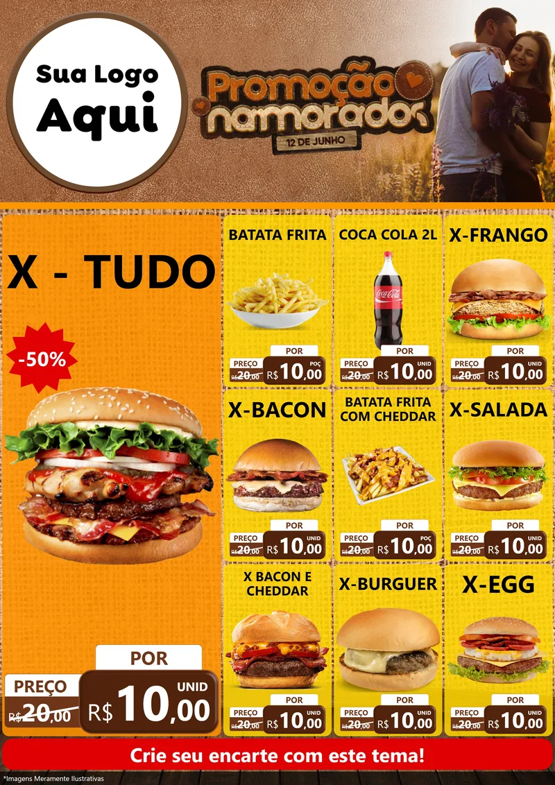 Modelo de Encarte para Encarte A4 Vertical com o tema Promoção Namorados para Hamburgueria