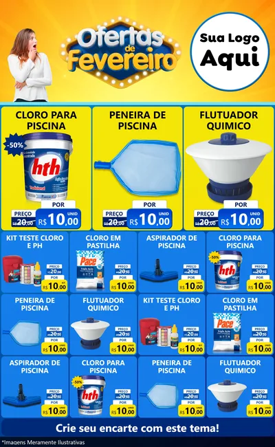 Modelo de Encarte para Encarte Grande com o tema Ofertas de Fevereiro para Produtos para Piscina