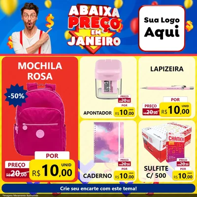 Modelo de Rede Social para Feed Facebook com o tema Abaixa Preço em Janeiro para Papelaria