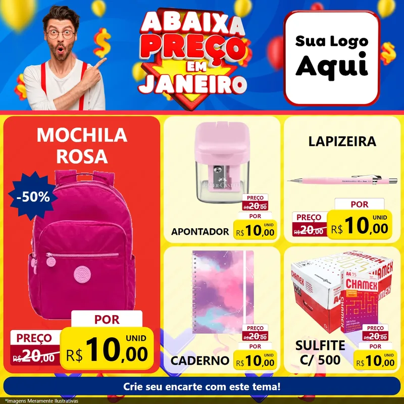 Modelo de Rede Social para Feed Facebook com o tema Abaixa Preço em Janeiro para Papelaria