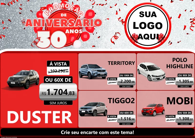 Modelo de Encarte para Encarte A4 Horizontal com o tema Promoção de Aniversário - 30 Anos para Concessionaria de Carros