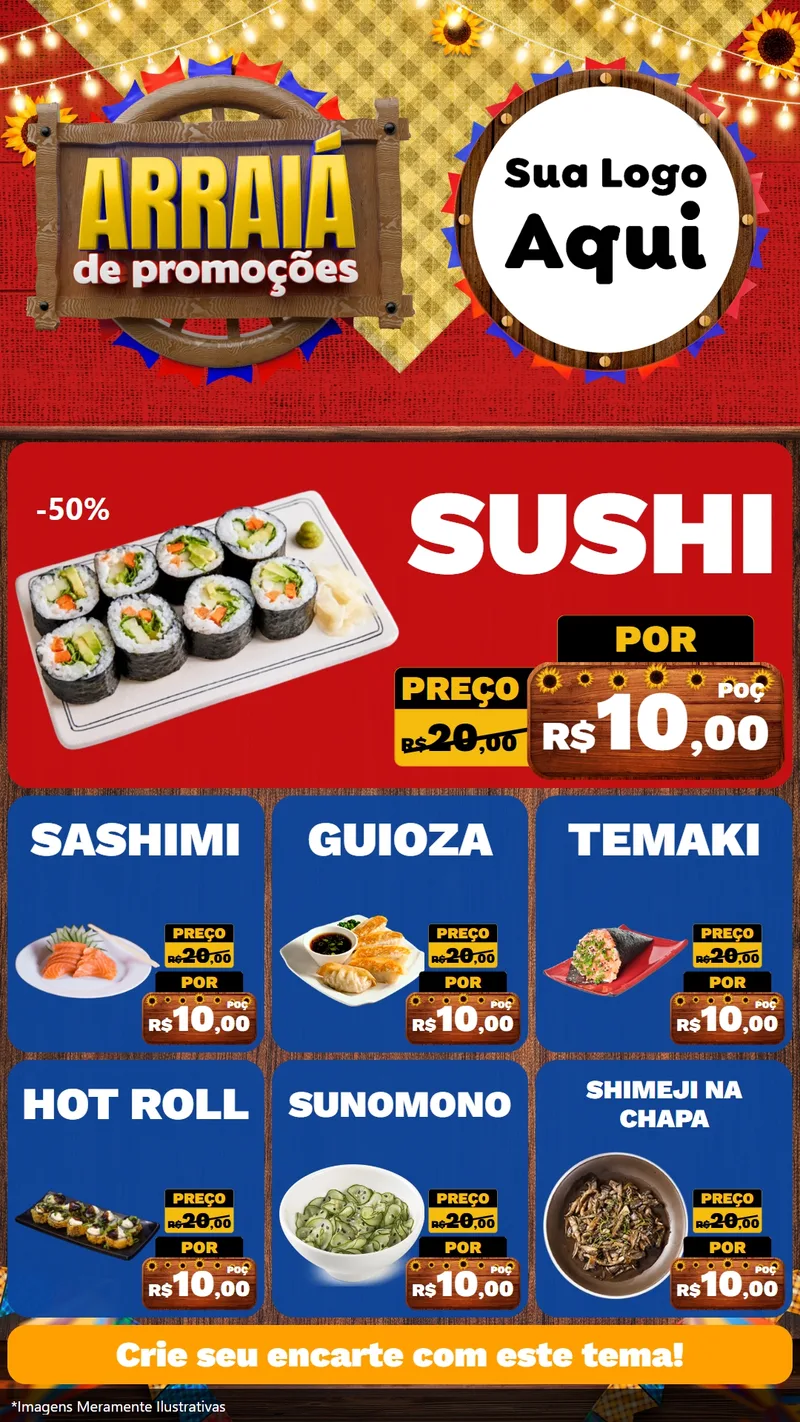 Modelo de Rede Social para Stories com o tema Arraiá de Promoções para Comida japonesa