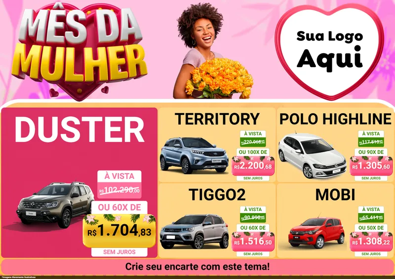 Modelo de Encarte para Encarte A4 Horizontal com o tema Mês da Mulher para Concessionaria de Carros
