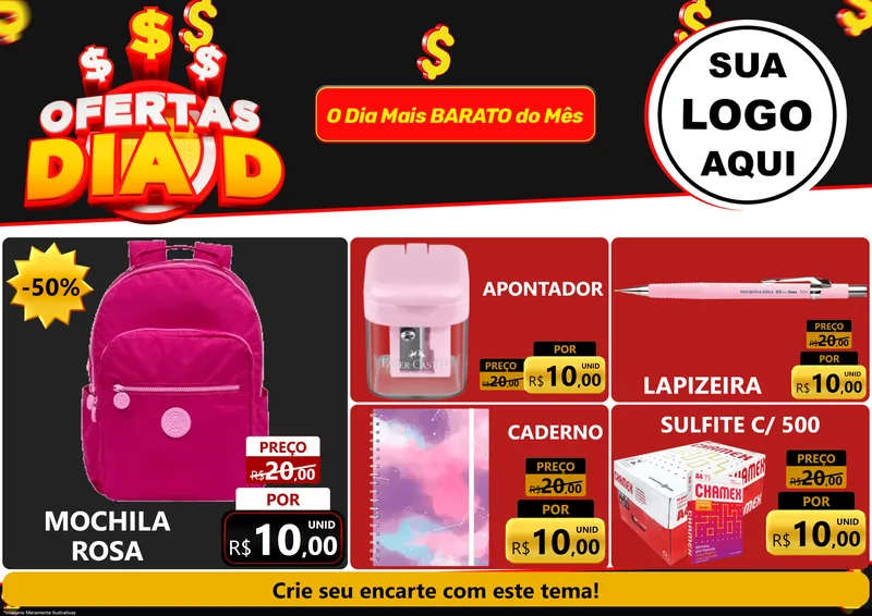 Modelo de Encarte para Encarte A4 Horizontal com o tema Ofertas Dia D para Papelaria