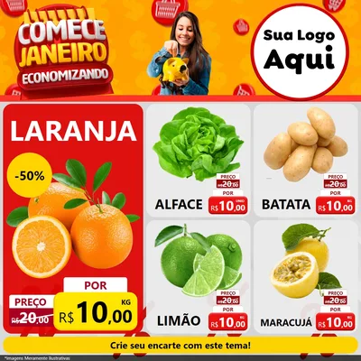 Modelo de Rede Social para Feed Facebook com o tema Comece Janeiro Economizando para Hortifrúti