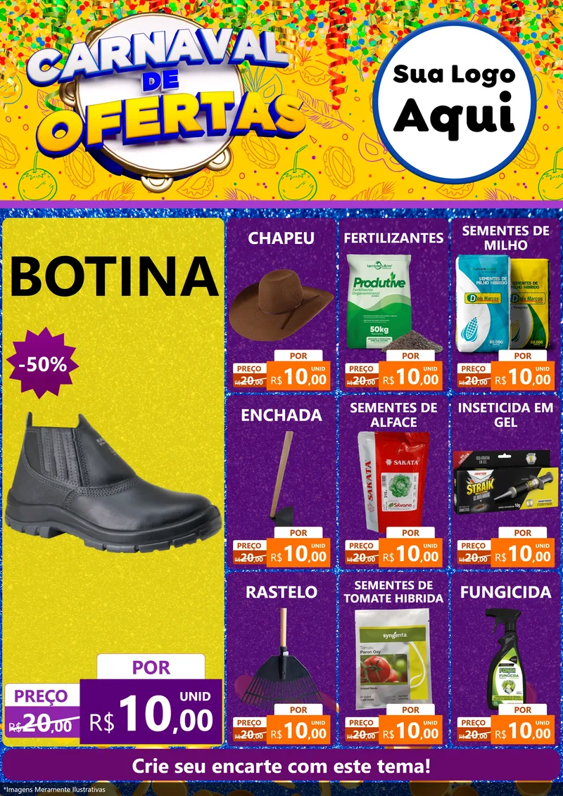 Modelo de Encarte para Encarte A4 Vertical com o tema Carnaval de Ofertas para Agropecuária