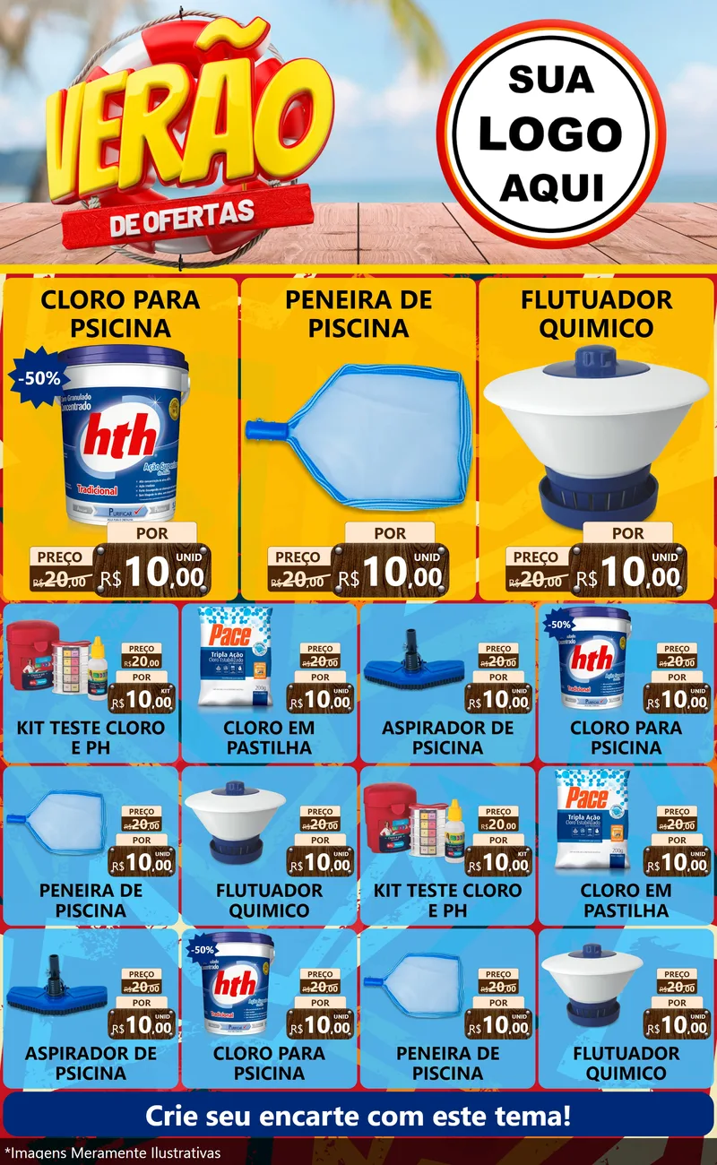 Modelo de Encarte para Encarte Grande com o tema Verão de Ofertas para Produtos para Piscina