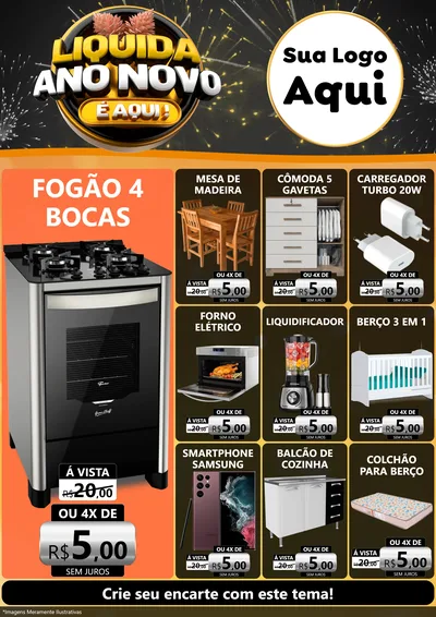 Modelo de Encarte para Encarte A4 Vertical com o tema Liquida Ano Novo É Aqui! para Móveis e Eletro