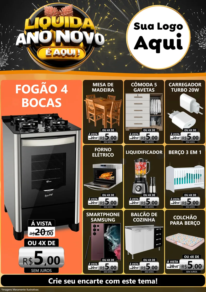 Modelo de Encarte para Encarte A4 Vertical com o tema Liquida Ano Novo É Aqui! para Móveis e Eletro