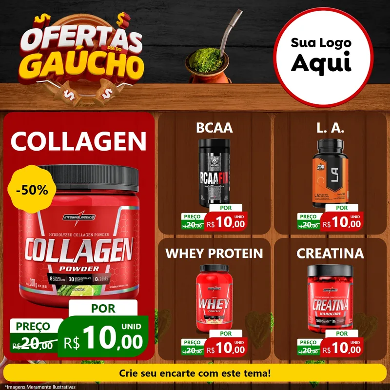 Modelo de Rede Social para Feed Facebook com o tema Ofertas Dia do Gaúcho para Suplementos alimentares