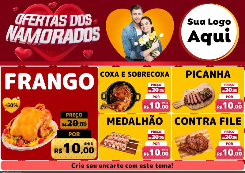 Modelo de Encarte para Encarte A4 Horizontal com o tema Ofertas Dos Namorados para Assados