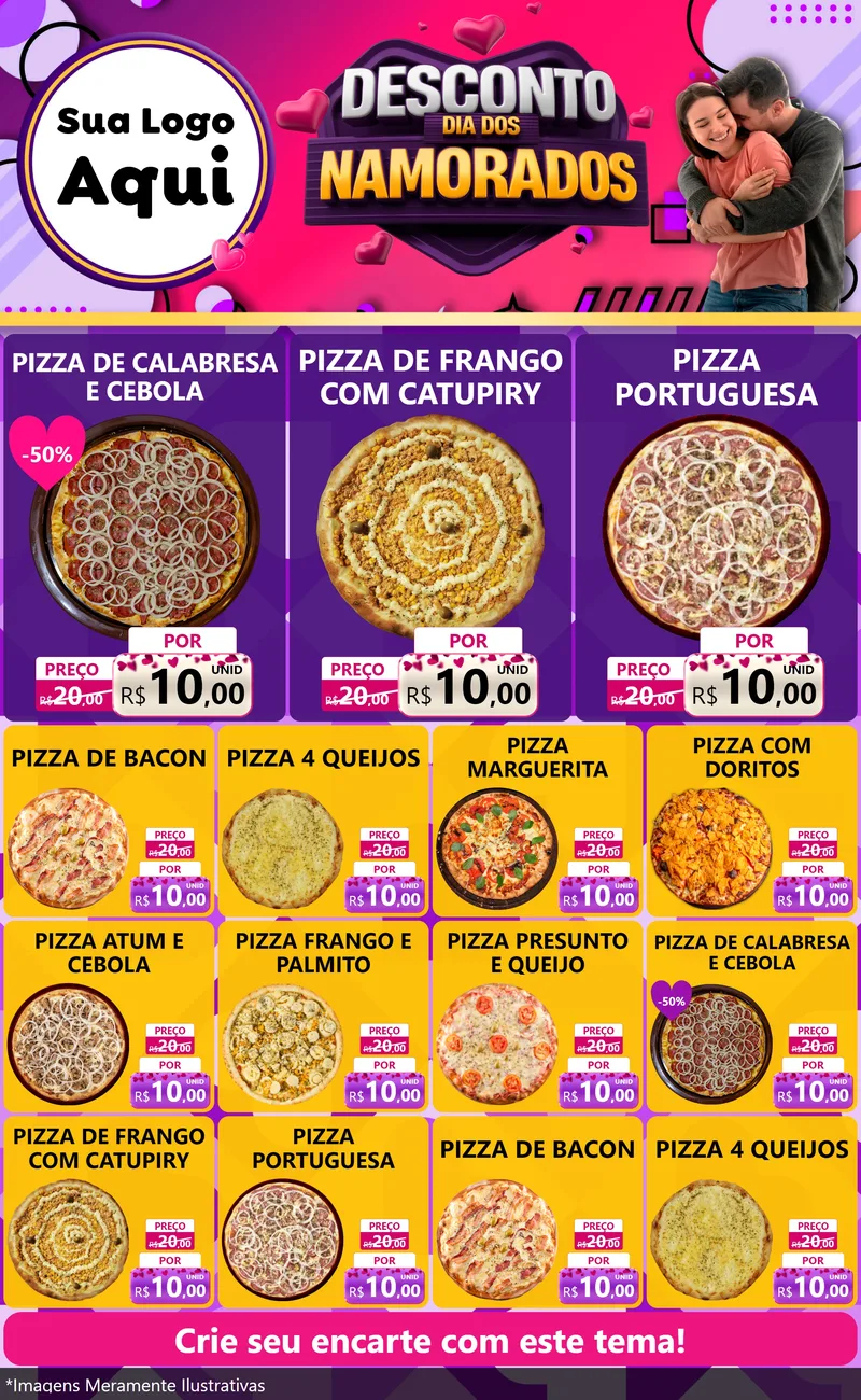 Modelo de Encarte para Encarte Grande com o tema Desconto Dia dos Namorados para Pizzaria