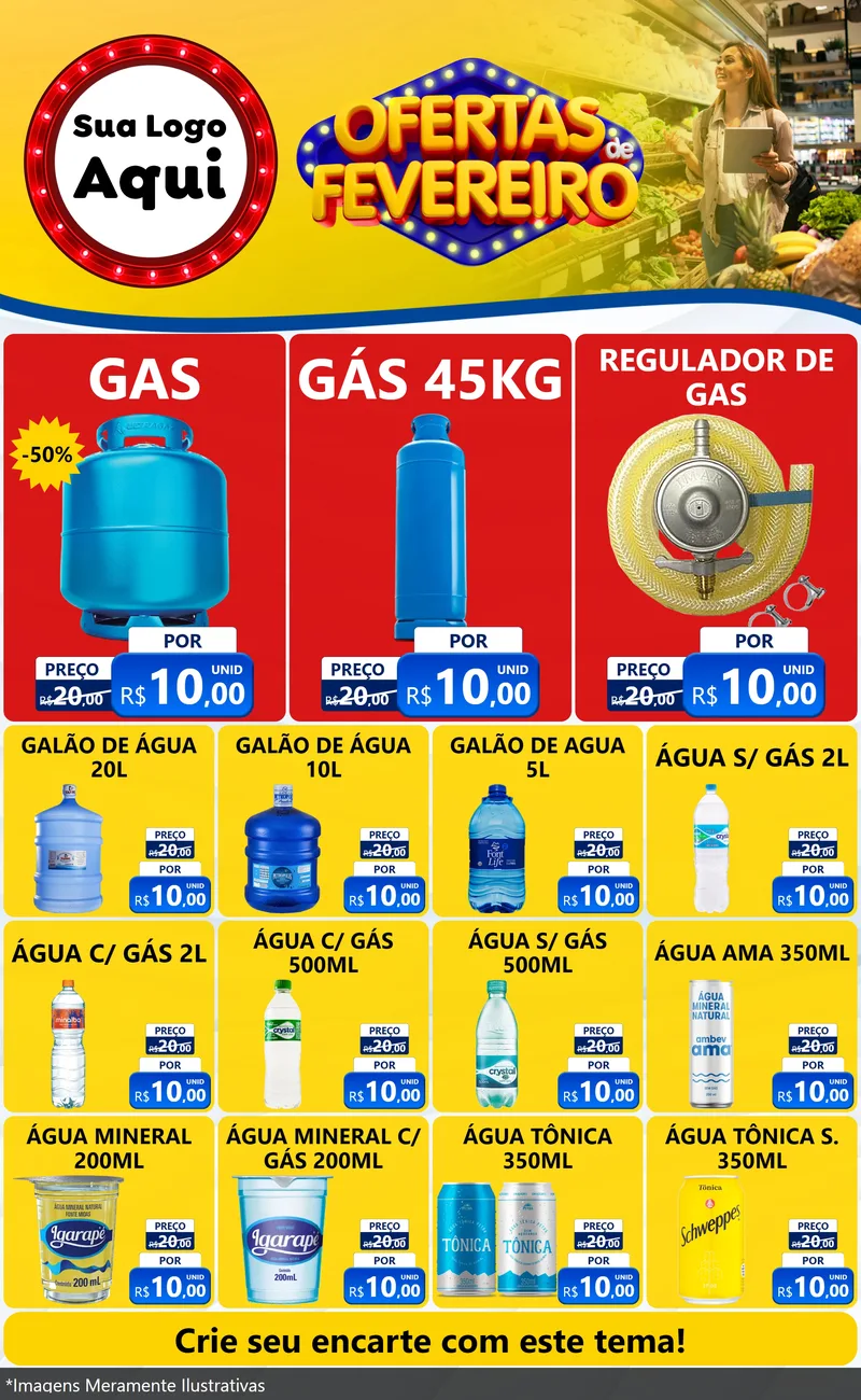 Modelo de Encarte para Encarte Grande com o tema Ofertas de Fevereiro para Água e gás
