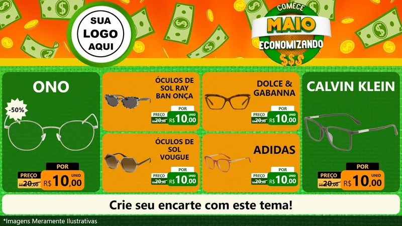 Modelo de TV para TV Horizontal com o tema Comece Maio Economizando para Óticas