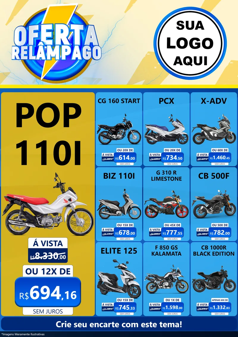 Modelo de Encarte para Encarte A4 Vertical com o tema Oferta Relâmpago para Concessionaria de Motos