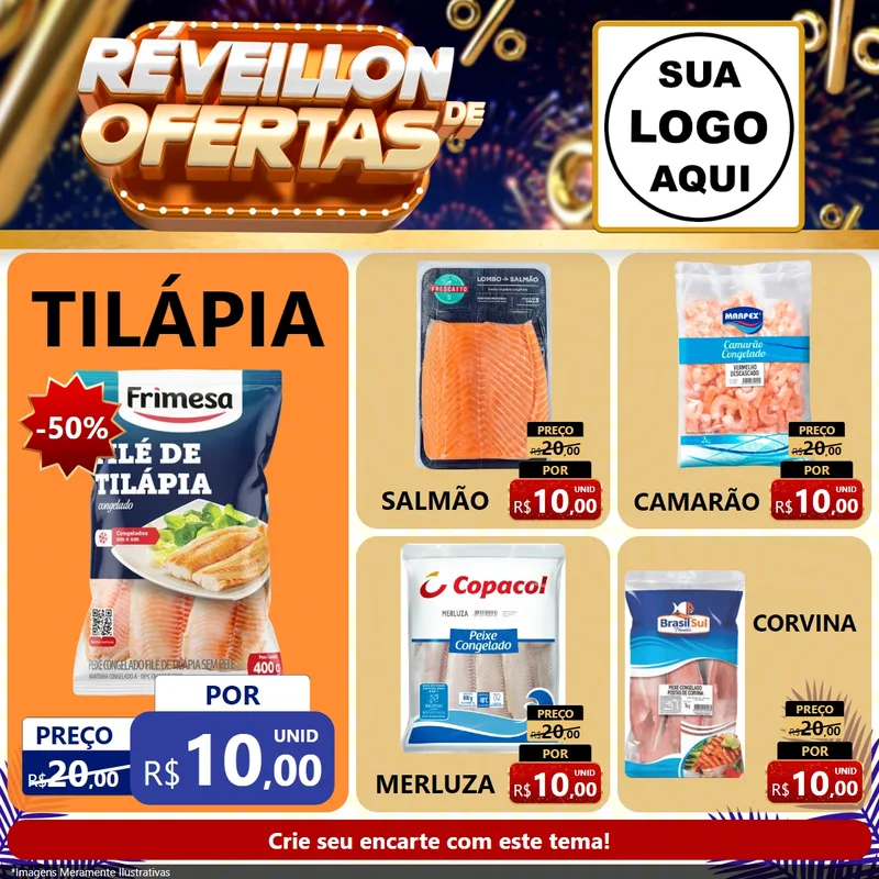 Modelo de Rede Social para Feed Facebook com o tema Réveillon de Ofertas para Peixaria