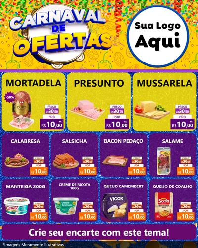 Modelo de Rede Social para Feed Instagram com o tema Carnaval de Ofertas para Frios e Laticínios