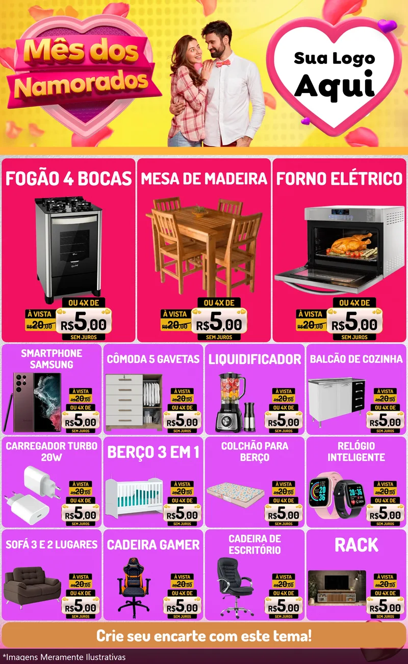 Modelo de Encarte para Encarte Grande com o tema Mês dos Namorados para Móveis e Eletro