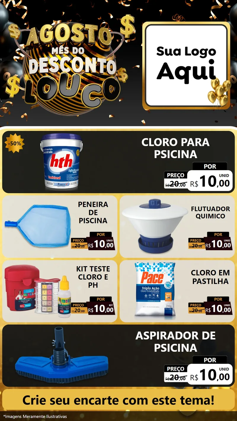 Modelo de TV para TV Vertical com o tema Agosto Mês do Desconto Louco para Produtos para Piscina