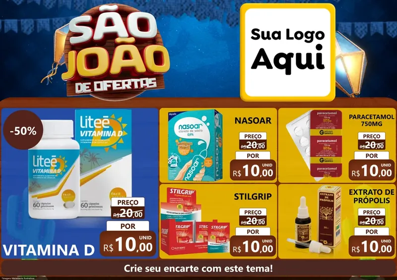 Modelo de Encarte para Encarte A4 Horizontal com o tema São João Ofertas Imbatíveis! - Junina para Farmácia