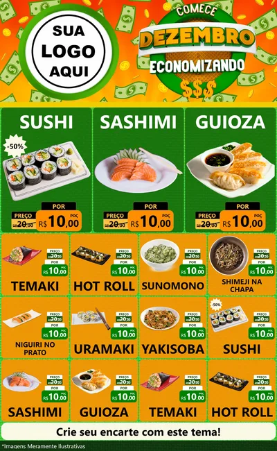 Modelo de Encarte para Encarte Grande com o tema Comece Dezembro Economizando para Comida japonesa
