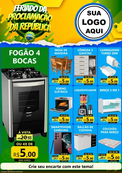 Modelo de Encarte para Encarte A4 Vertical com o tema Feriado da Proclamação da República para Móveis e Eletro