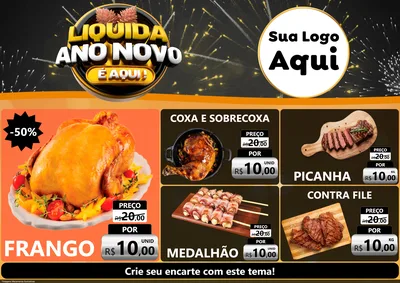 Modelo de Encarte para Encarte A4 Horizontal com o tema Liquida Ano Novo É Aqui! para Assados