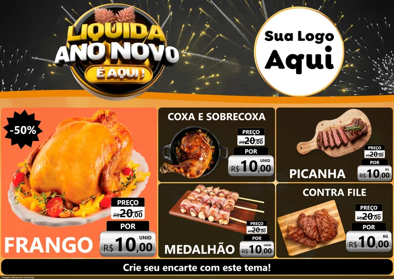 Modelo de Encarte para Encarte A4 Horizontal com o tema Liquida Ano Novo É Aqui! para Assados