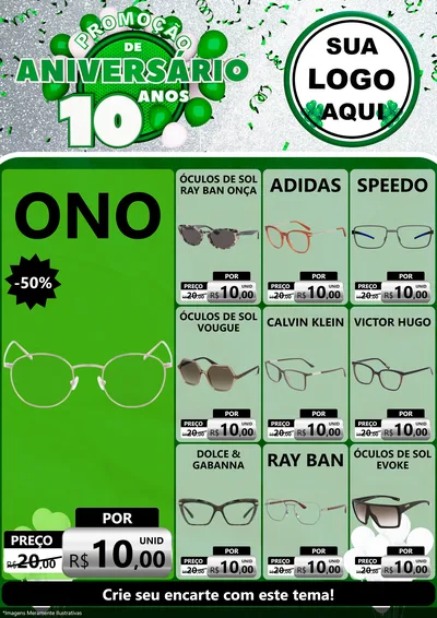 Modelo de Encarte para Encarte A4 Vertical com o tema Promoção de Aniversário - 10 Anos para Óticas