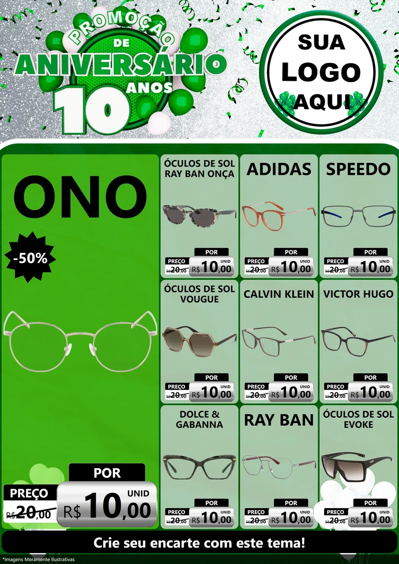 Modelo de Encarte para Encarte A4 Vertical com o tema Promoção de Aniversário - 10 Anos para Óticas