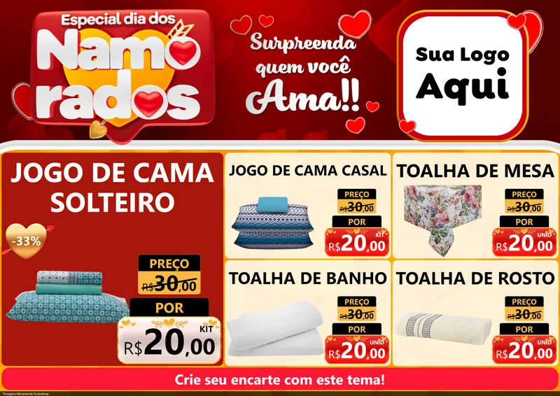 Modelo de Encarte para Encarte A4 Horizontal com o tema Especial Dia dos Namorados para Cama, Mesa e Banho