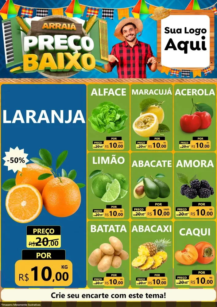 Modelo de Encarte para Encarte A4 Vertical com o tema Arraiá de Preço Baixo - Junina para Hortifrúti