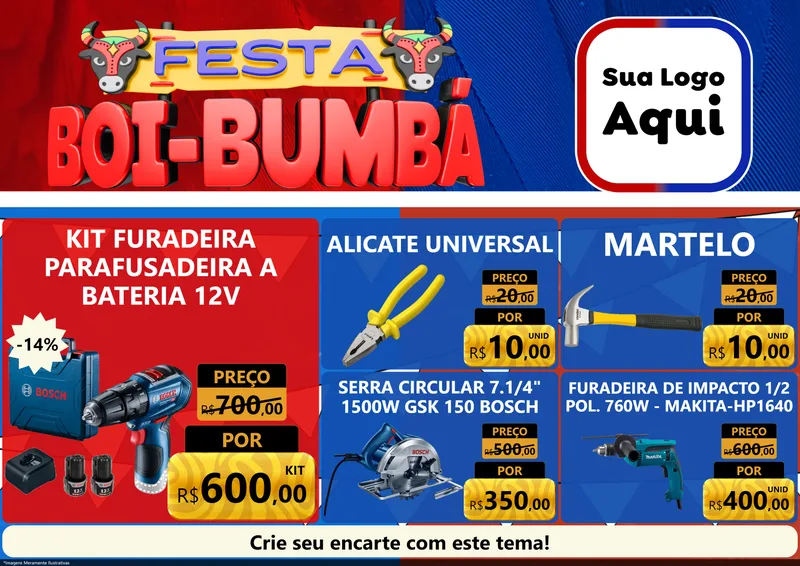 Modelo de Encarte para Encarte A4 Horizontal com o tema Festa Boi Bumbá para Maquinas e Ferramentas