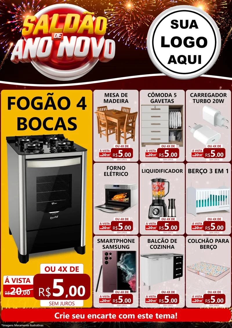 Modelo de Encarte para Encarte A4 Vertical com o tema Saldão de Ano Novo para Móveis e Eletro