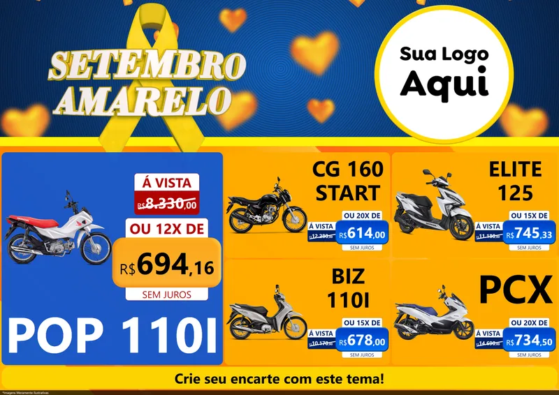 Modelo de Encarte para Encarte A4 Horizontal com o tema Setembro Amarelo para Concessionaria de Motos