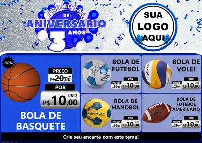 Modelo de Encarte para Encarte A4 Horizontal com o tema Promoção de Aniversário - 3 Anos para Artigos Esportivos