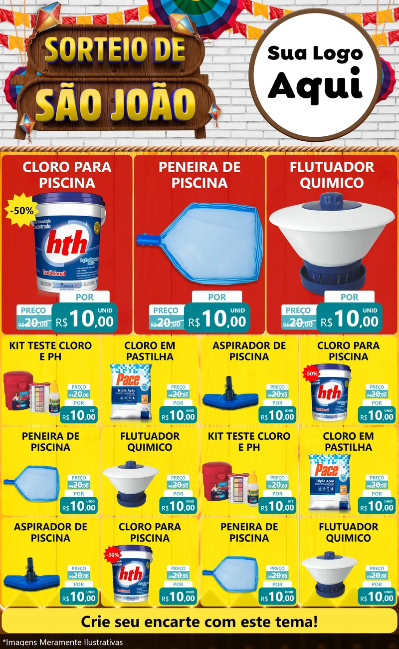 Modelo de Encarte para Encarte Grande com o tema Sorteio de São João para Produtos para Piscina