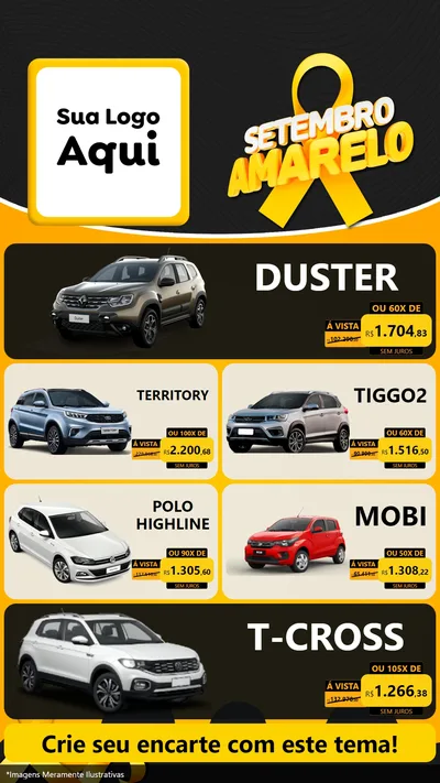 Modelo de TV para TV Vertical com o tema Setembro Amarelo para Concessionaria de Carros