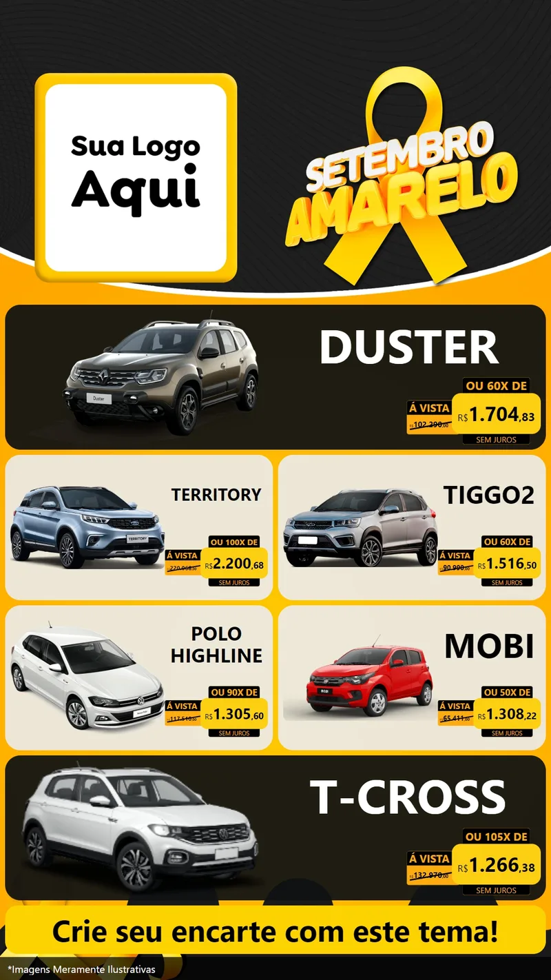 Modelo de TV para TV Vertical com o tema Setembro Amarelo para Concessionaria de Carros