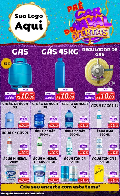 Modelo de Encarte para Encarte Grande com o tema Pré Carnaval de Ofertas para Água e gás