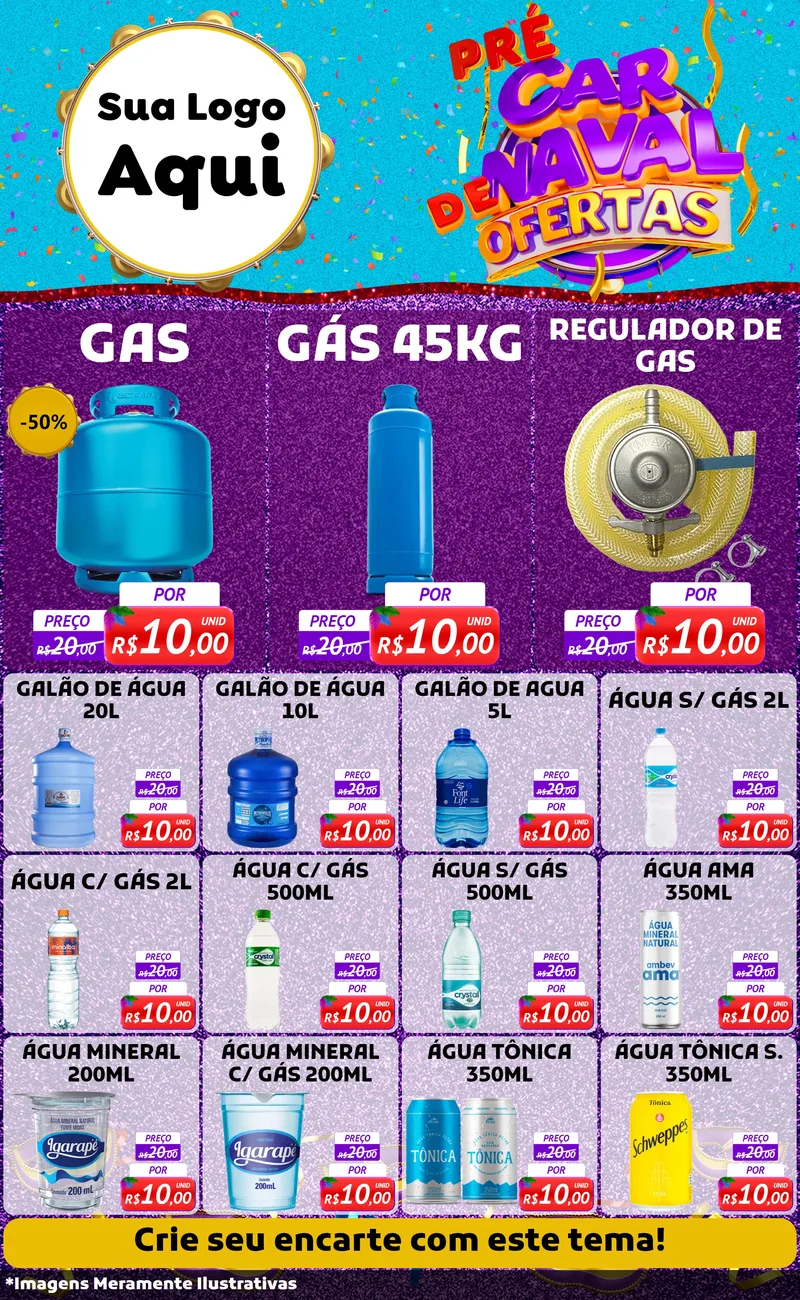 Modelo de Encarte para Encarte Grande com o tema Pré Carnaval de Ofertas para Água e gás