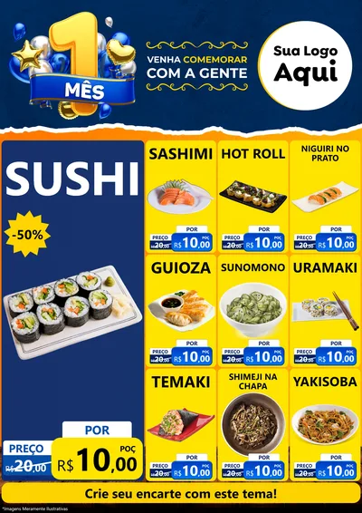 Modelo de Encarte para Encarte A4 Vertical com o tema Um Mês de Aniversário para Comida japonesa
