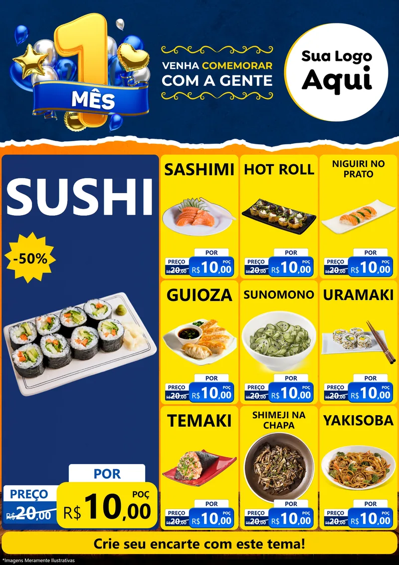Modelo de Encarte para Encarte A4 Vertical com o tema Um Mês de Aniversário para Comida japonesa
