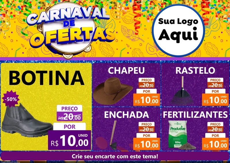 Modelo de Encarte para Encarte A4 Horizontal com o tema Carnaval de Ofertas para Agropecuária